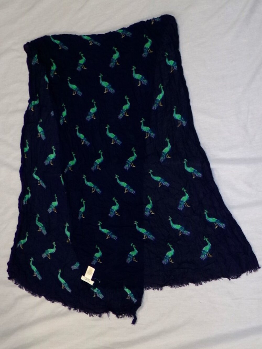 Kate Spade New York Peacock Scarf Navy Blue Green 100% Viscose 70" x 25"